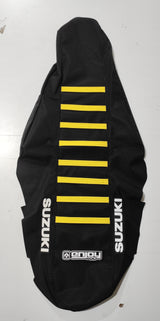 Enjoy Manufacturing Suzuki Seat Cover RMZ 250 2019 - 2023 RMZ 450 2018 - 23 Ribbed Logo, Black / Yellow